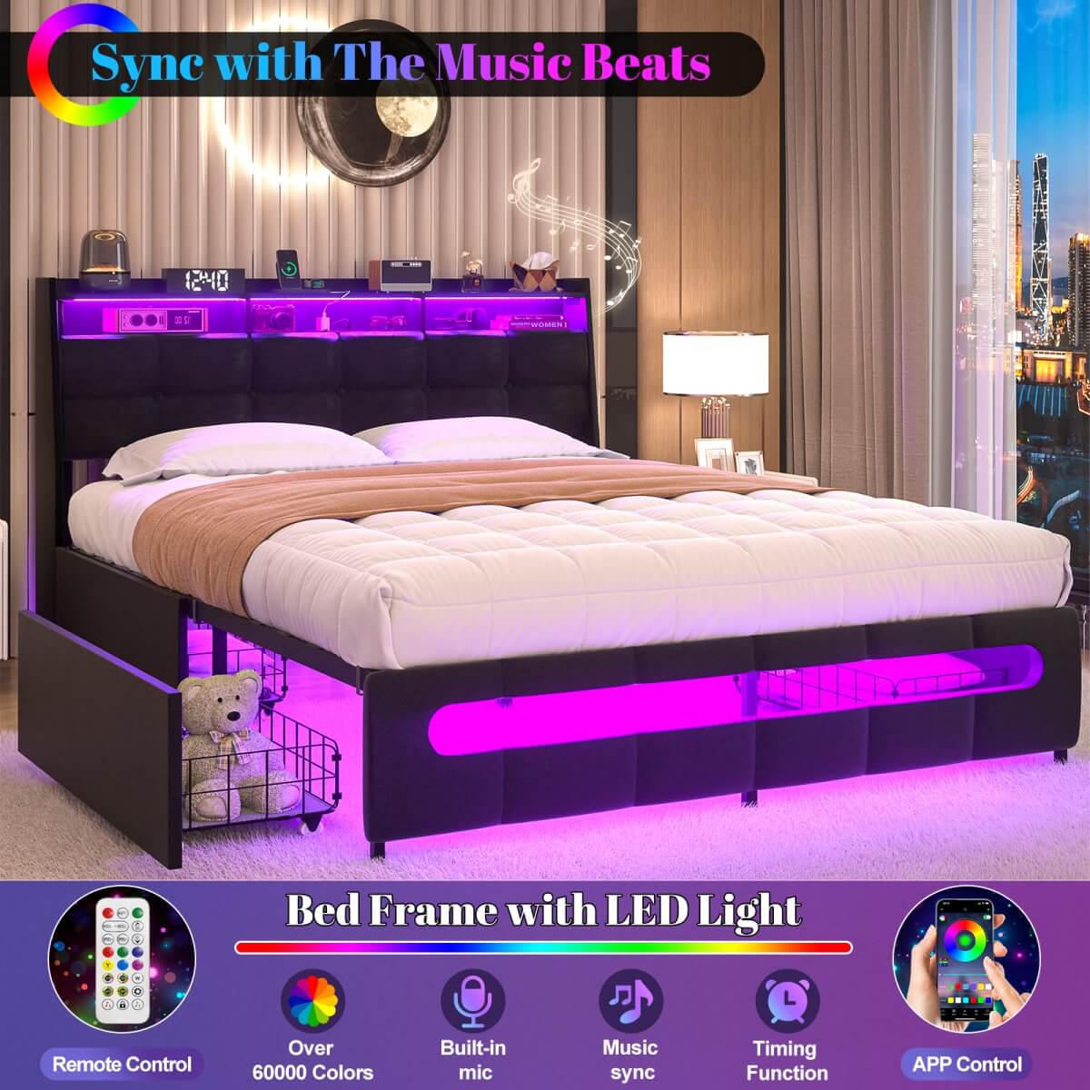 Upholstered Queen Bed Frame with Storage Headboard, Drawers, Charging Station, and LED Light