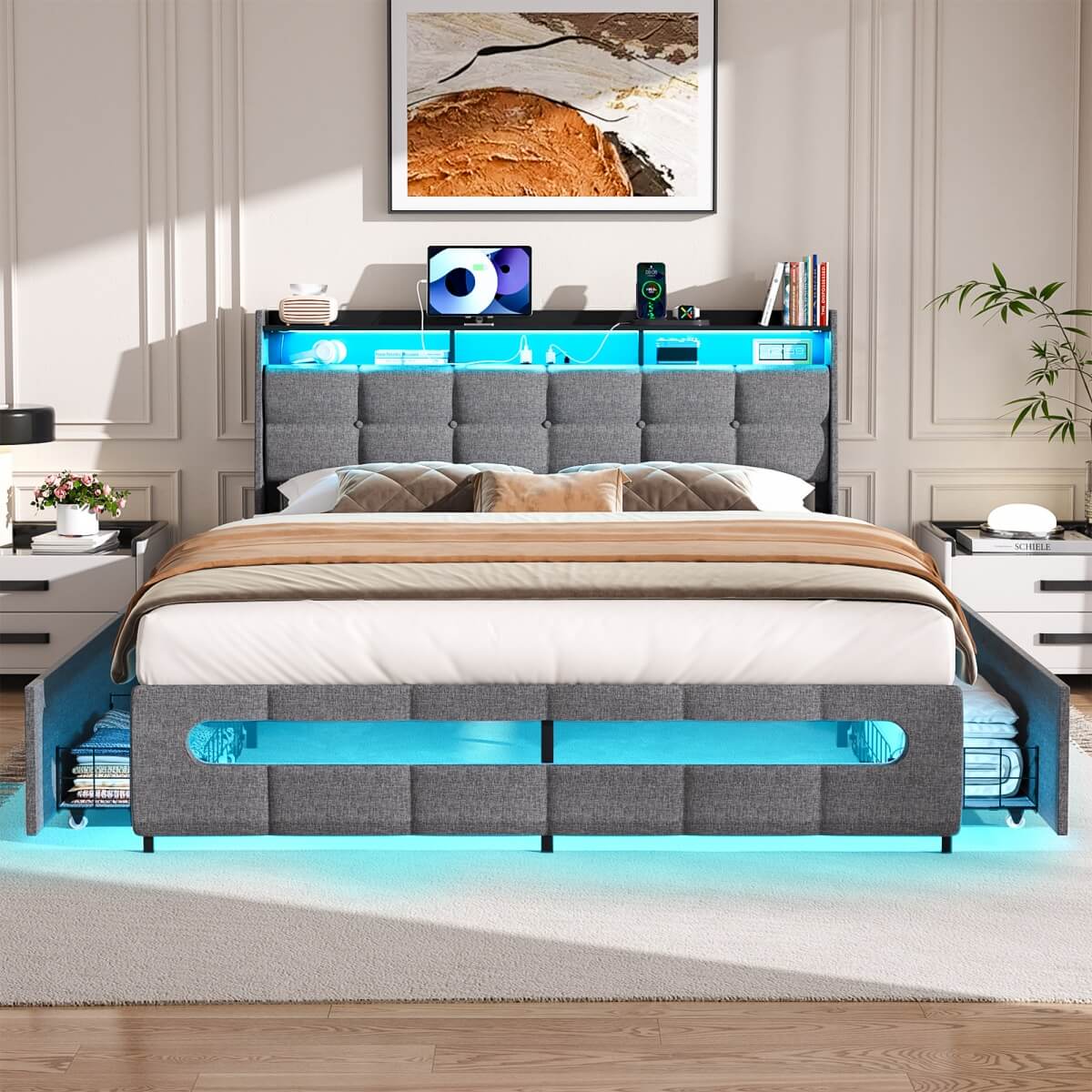 Upholstered Queen Bed Frame with Storage Headboard, Drawers, Charging Station, and LED Light