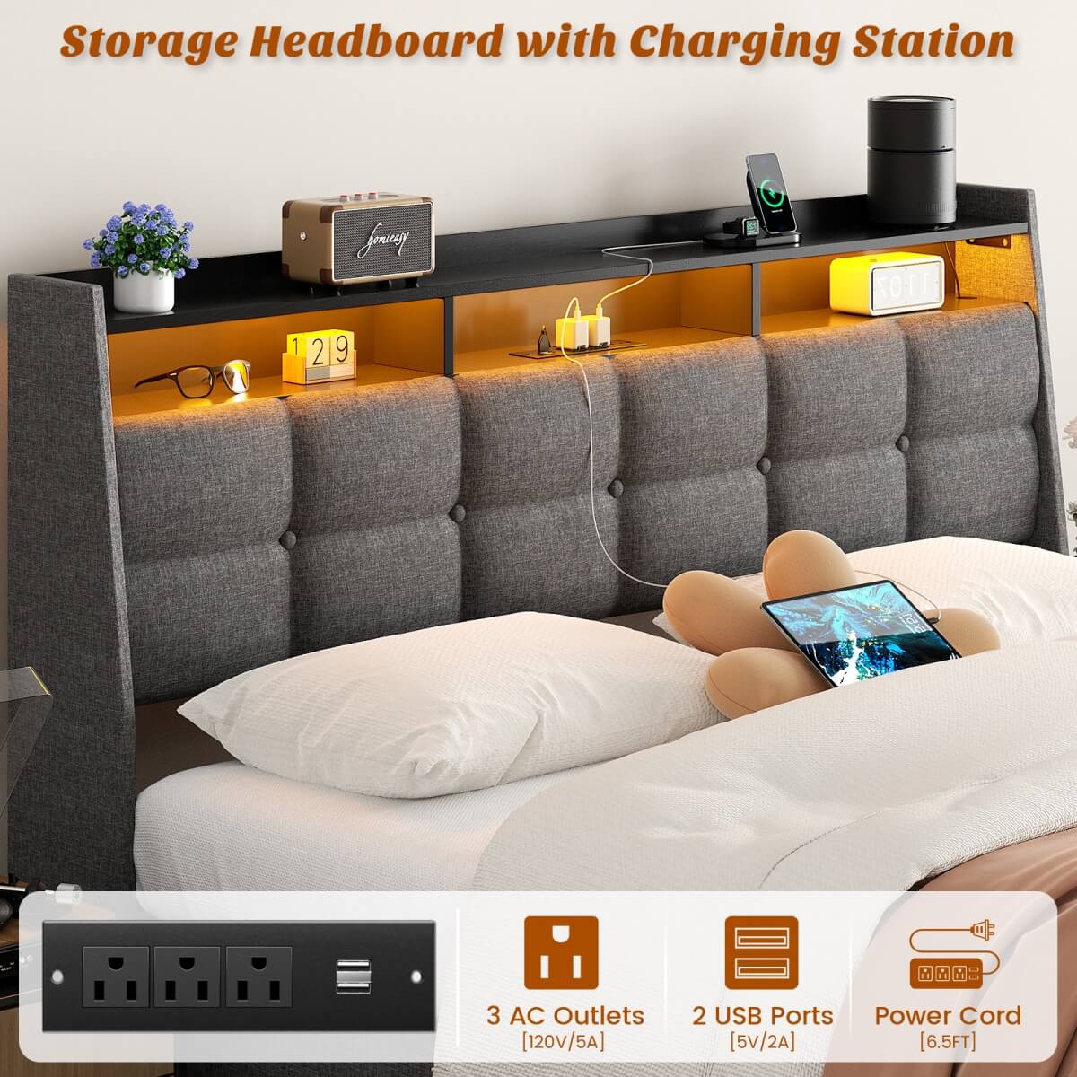 Upholstered Queen Bed Frame with Storage Headboard, Drawers, Charging Station, and LED Light