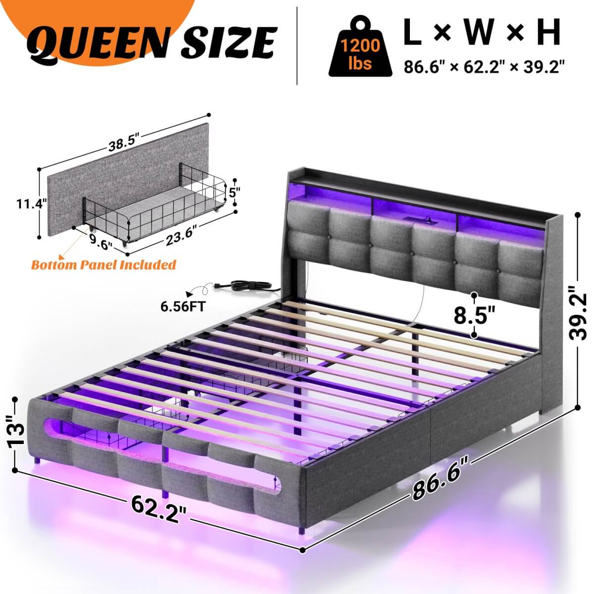 Upholstered Queen Bed Frame with Storage Headboard, Drawers, Charging Station, and LED Light