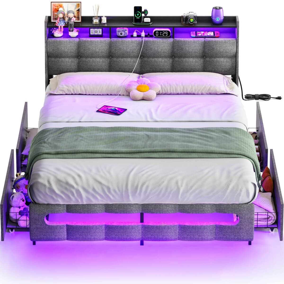 Upholstered Queen Bed Frame with Storage Headboard, Drawers, Charging Station, and LED Light