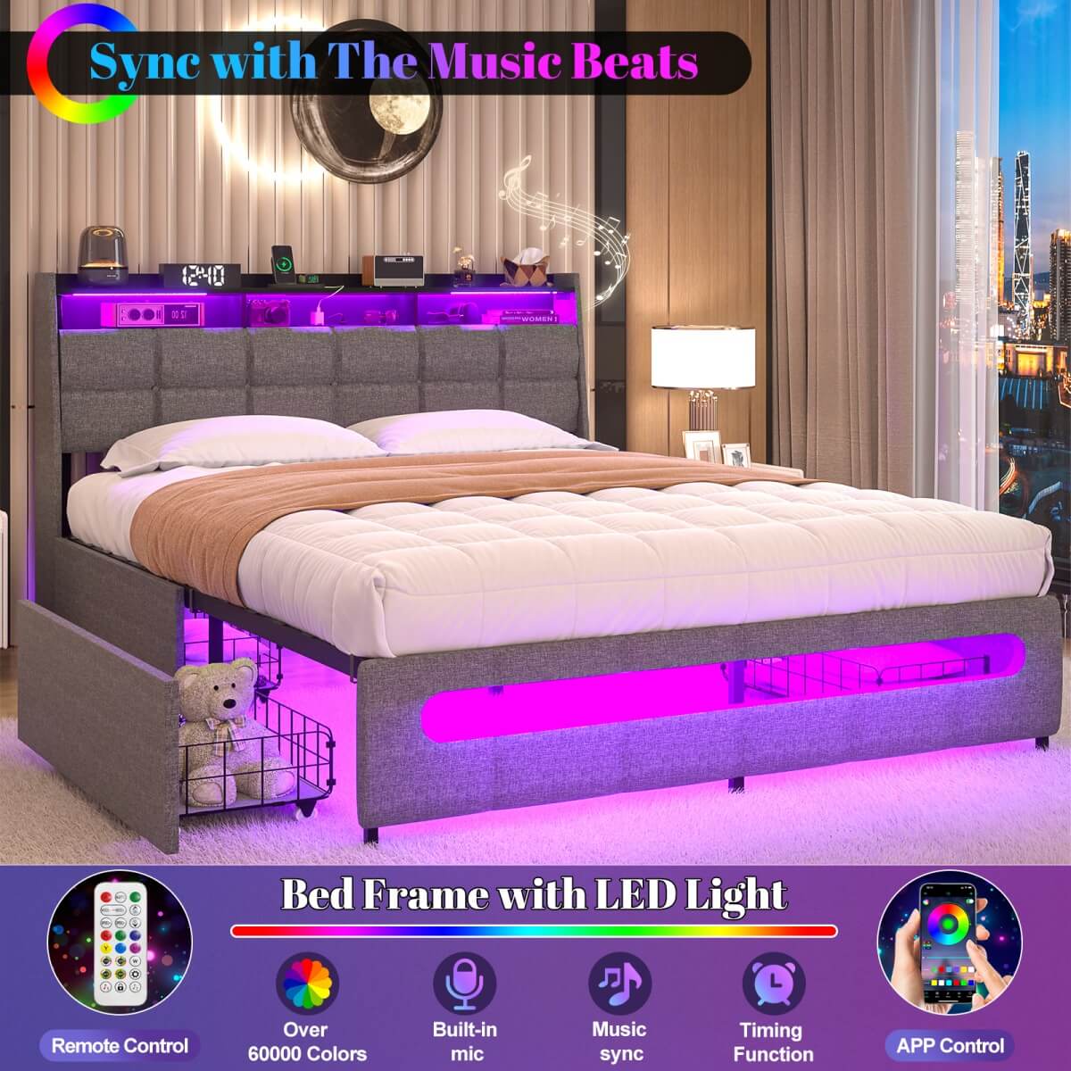 Upholstered Queen Bed Frame with Storage Headboard, Drawers, Charging Station, and LED Light