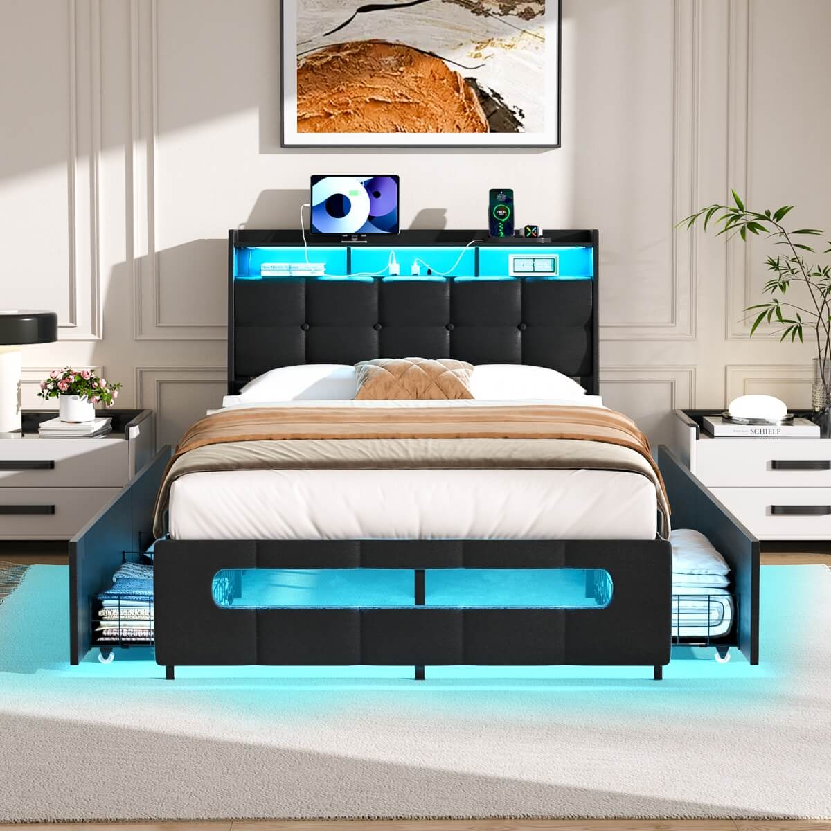 Upholstered Twin Bed Frame with Storage Headboard, Drawers, Charging Station, and LED Light