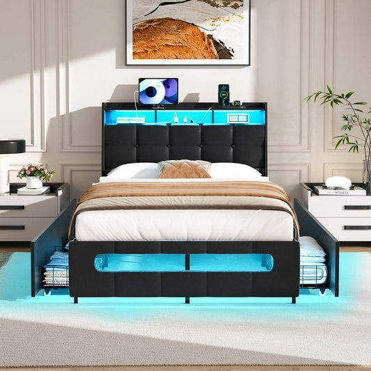 Upholstered Twin Bed Frame with Storage Headboard, Drawers, Charging Station, and LED Light