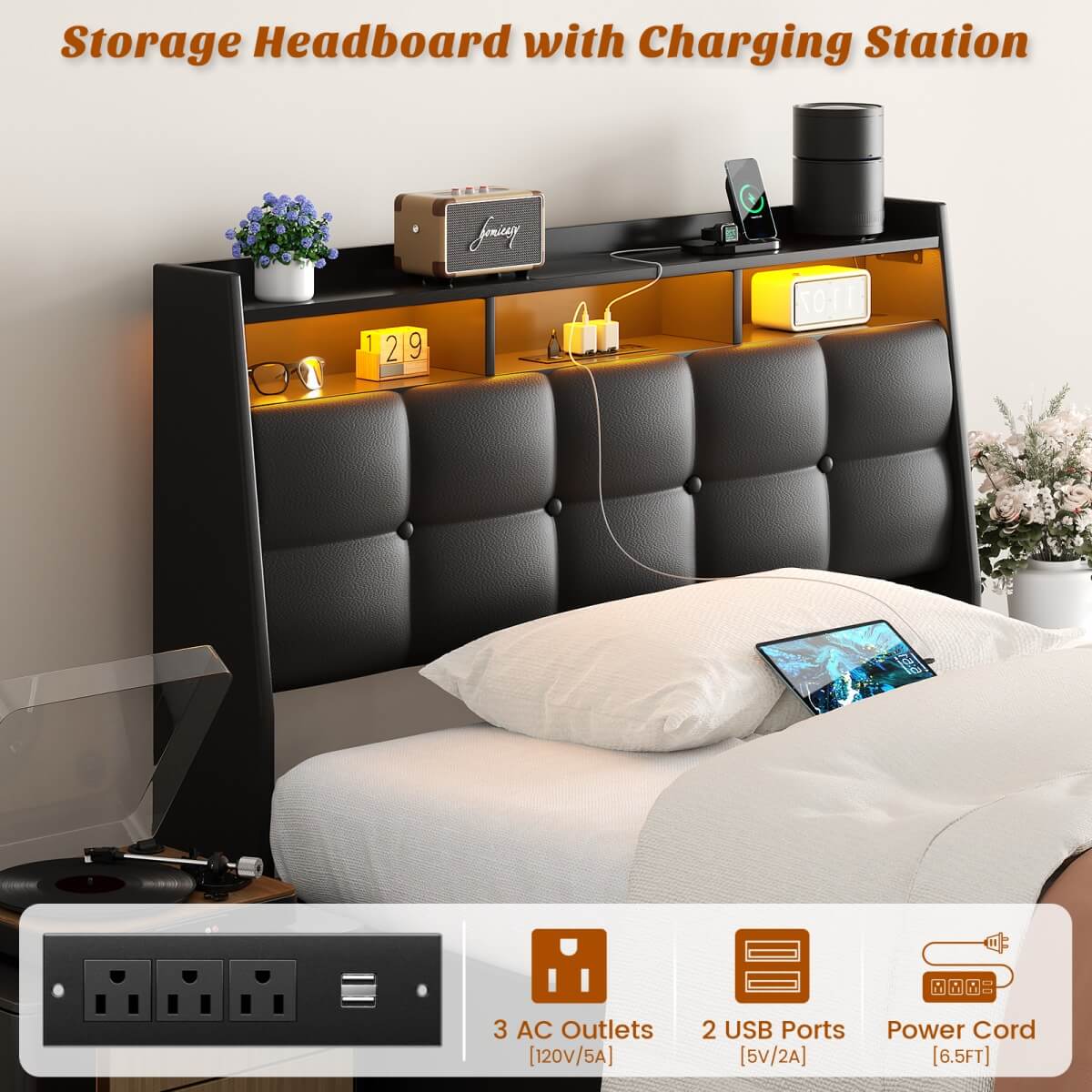 Upholstered Twin Bed Frame with Storage Headboard, Drawers, Charging Station, and LED Light