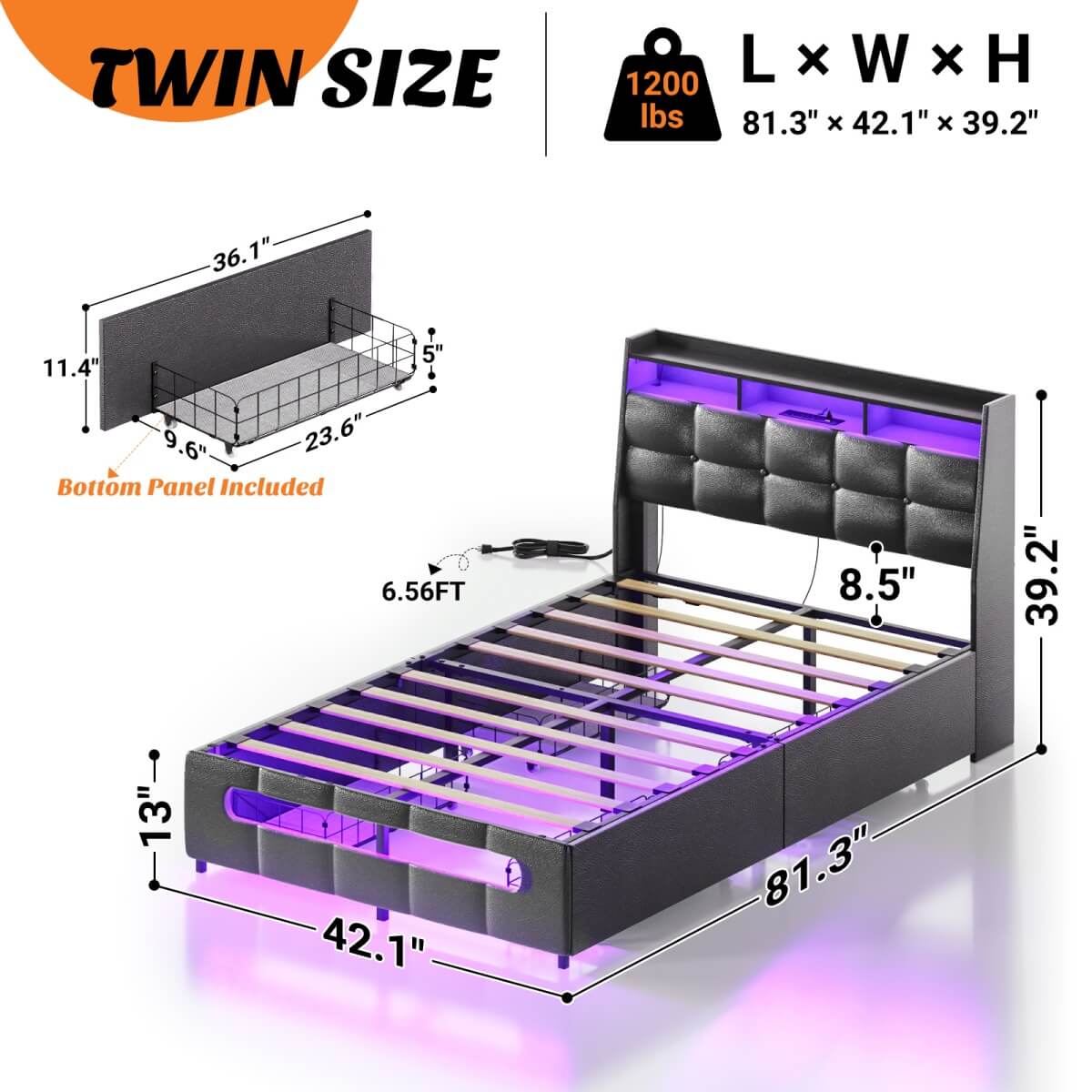 Upholstered Twin Bed Frame with Storage Headboard, Drawers, Charging Station, and LED Light