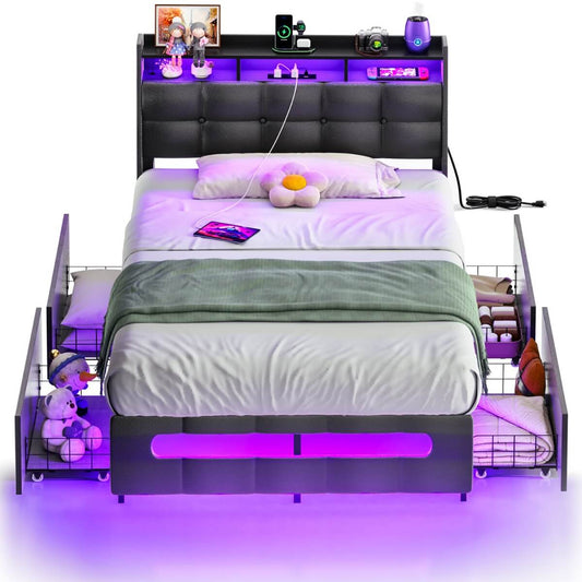 Upholstered Twin Bed Frame with Storage Headboard, Drawers, Charging Station, and LED Light