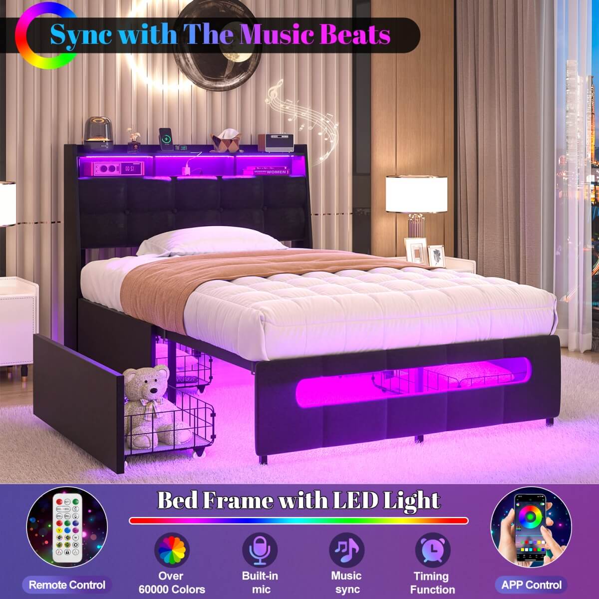 Upholstered Twin Bed Frame with Storage Headboard, Drawers, Charging Station, and LED Light