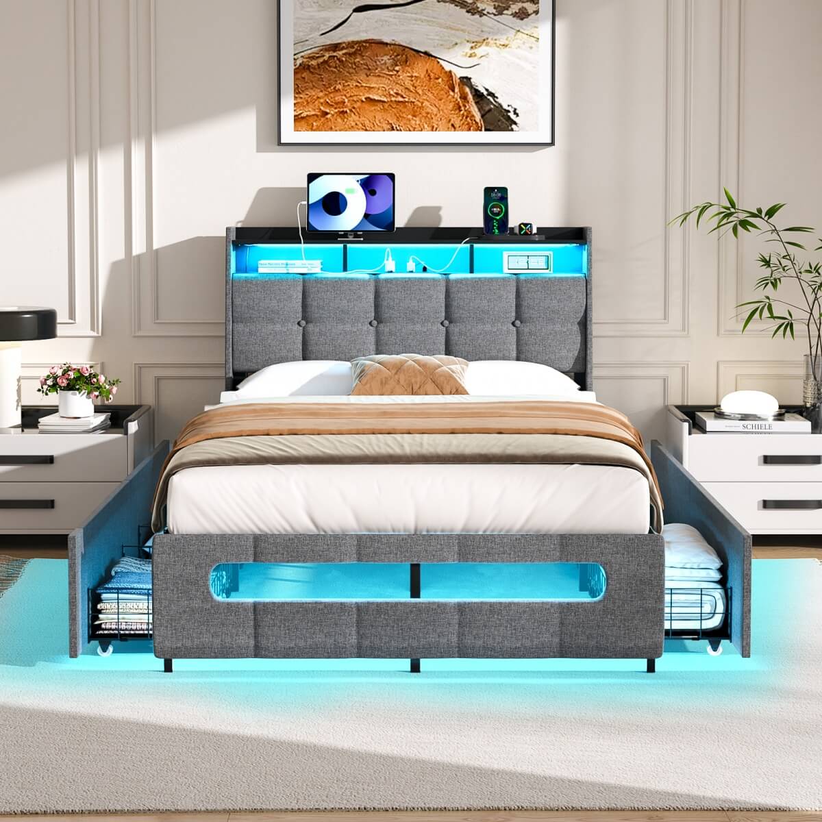 Upholstered Twin Bed Frame with Storage Headboard, Drawers, Charging Station, and LED Light