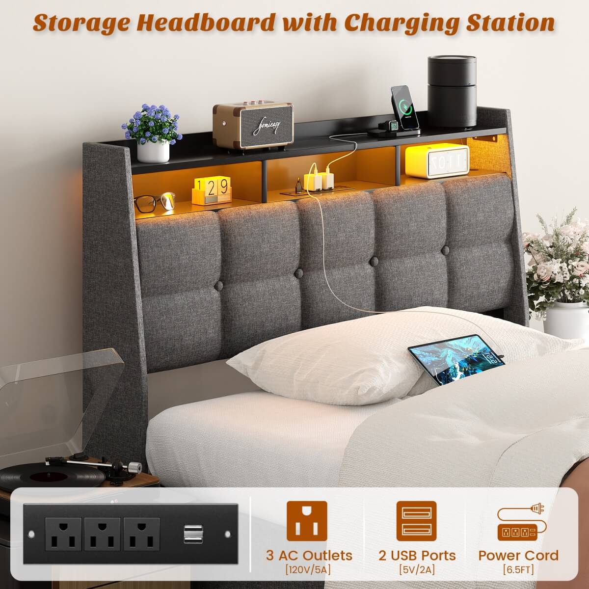 Upholstered Twin Bed Frame with Storage Headboard, Drawers, Charging Station, and LED Light