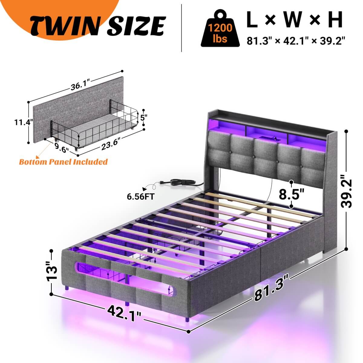 Upholstered Twin Bed Frame with Storage Headboard, Drawers, Charging Station, and LED Light