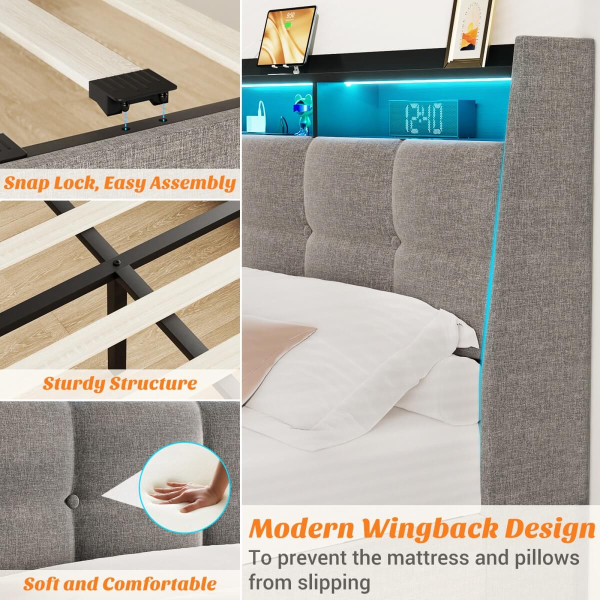 Upholstered Twin Bed Frame with Storage Headboard, Drawers, Charging Station, and LED Light