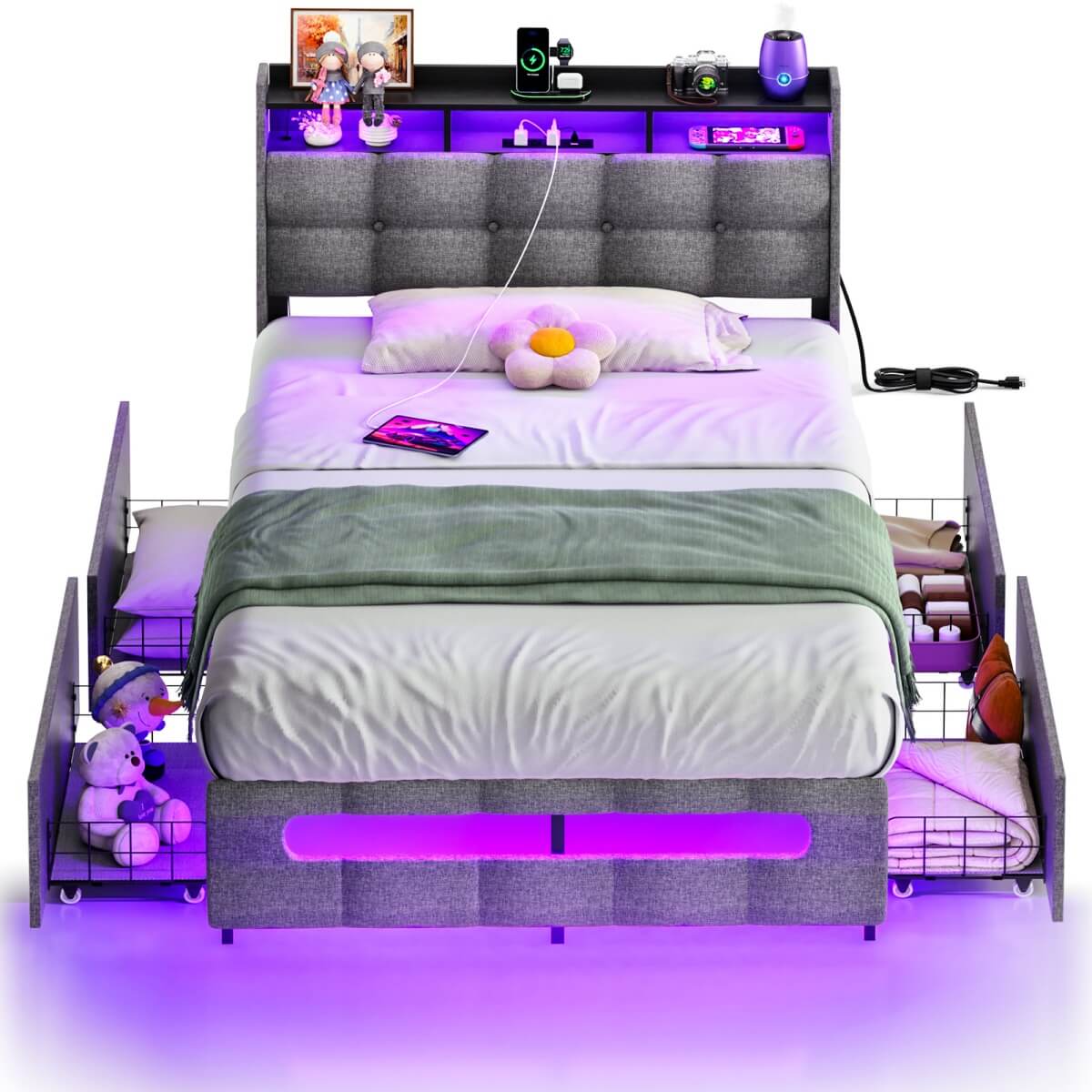 Upholstered Twin Bed Frame with Storage Headboard, Drawers, Charging Station, and LED Light