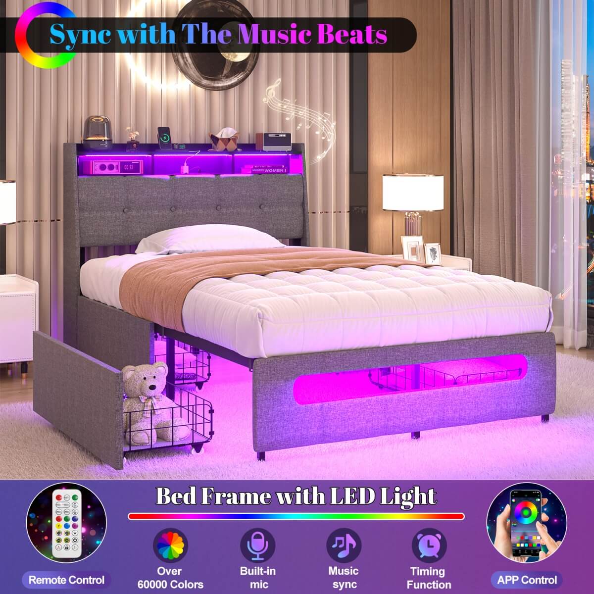 Upholstered Twin Bed Frame with Storage Headboard, Drawers, Charging Station, and LED Light