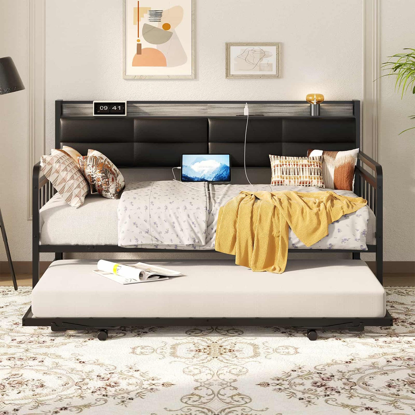 iSunirm Twin Size Daybed with Pop-up Trundle, Upholstered Headboard & Charging Station, for Living Room/Bedroom/Guest Room