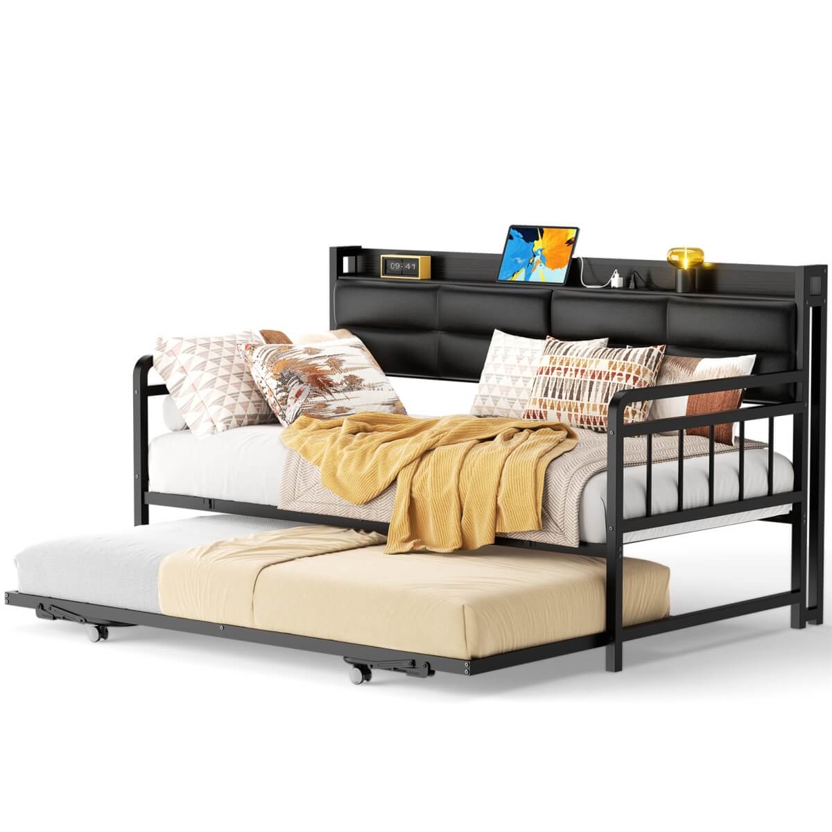 iSunirm Twin Size Daybed with Pop-up Trundle,  Upholstered Headboard & Charging Station, for Living Room/Bedroom/Guest Room