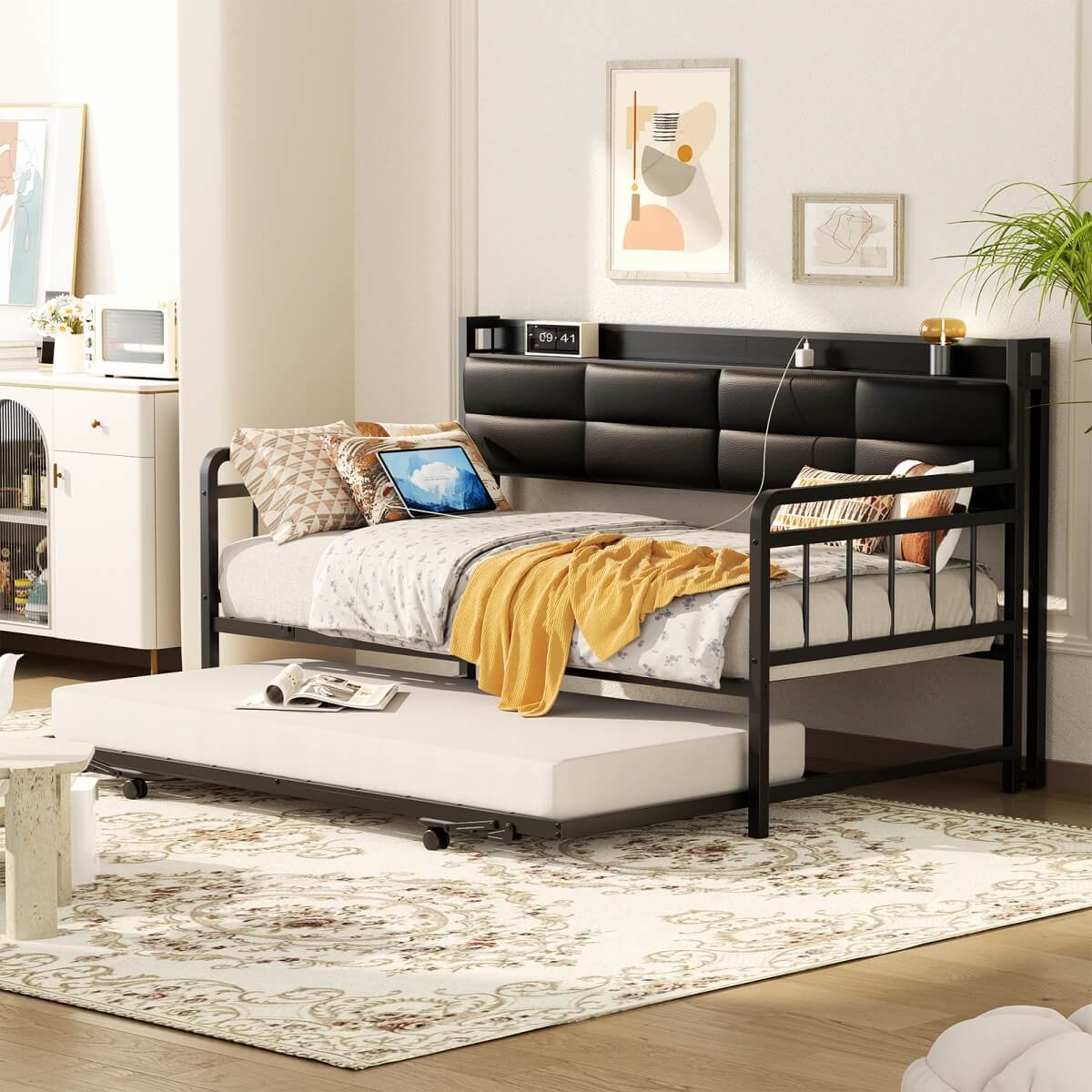 iSunirm Twin Size Daybed with Pop-up Trundle,  Upholstered Headboard & Charging Station, for Living Room/Bedroom/Guest Room