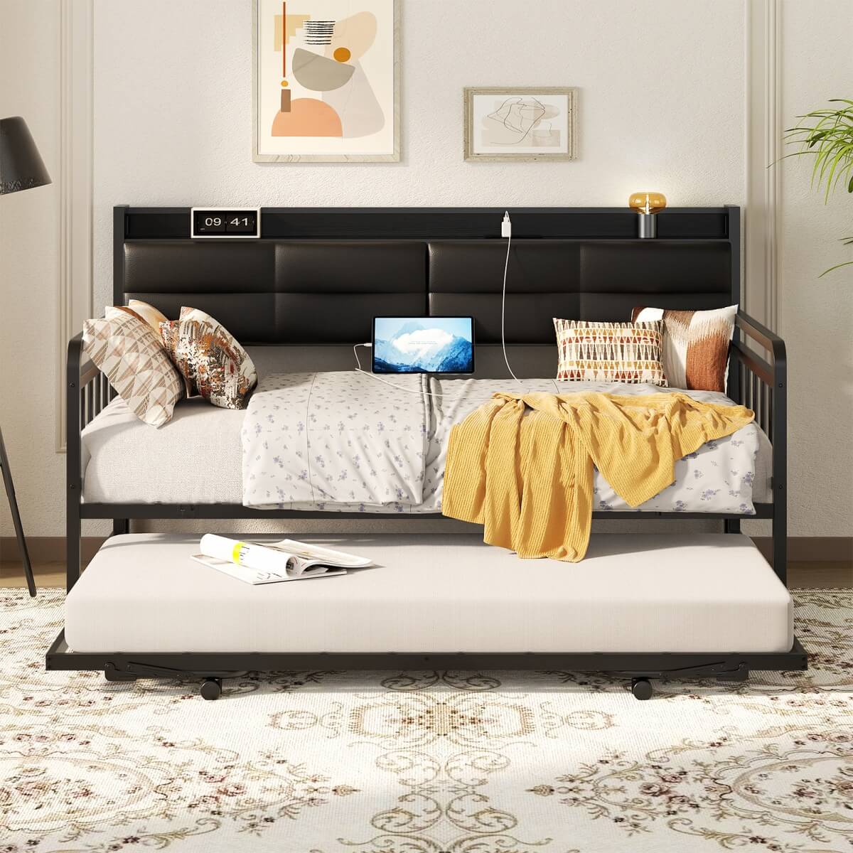 iSunirm Twin Size Daybed with Pop-up Trundle,  Upholstered Headboard & Charging Station, for Living Room/Bedroom/Guest Room