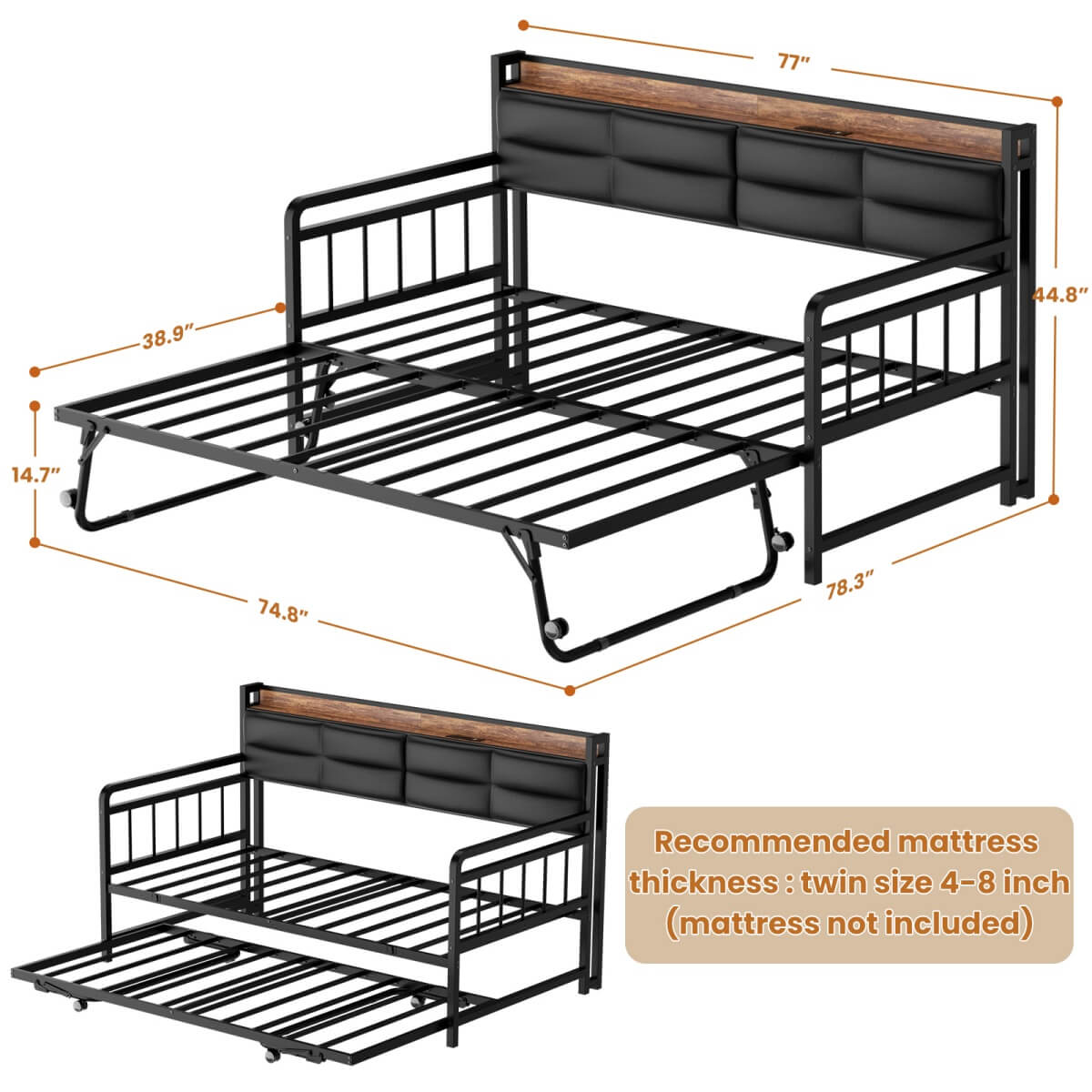 iSunirm Twin Size Daybed with Pop-up Trundle,  Upholstered Headboard & Charging Station, for Living Room/Bedroom/Guest Room