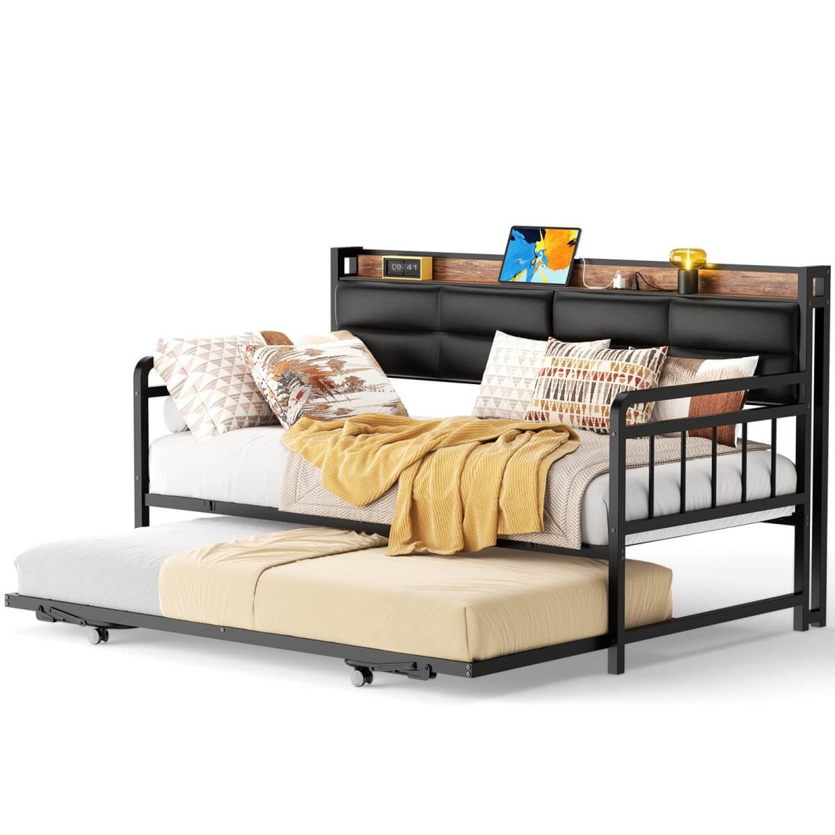 iSunirm Twin Size Daybed with Pop-up Trundle,  Upholstered Headboard & Charging Station, for Living Room/Bedroom/Guest Room