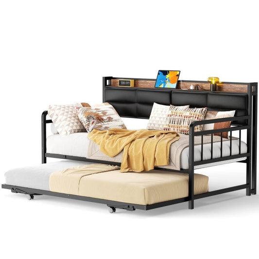 iSunirm Twin Size Daybed with Pop-up Trundle,  Upholstered Headboard & Charging Station, for Living Room/Bedroom/Guest Room