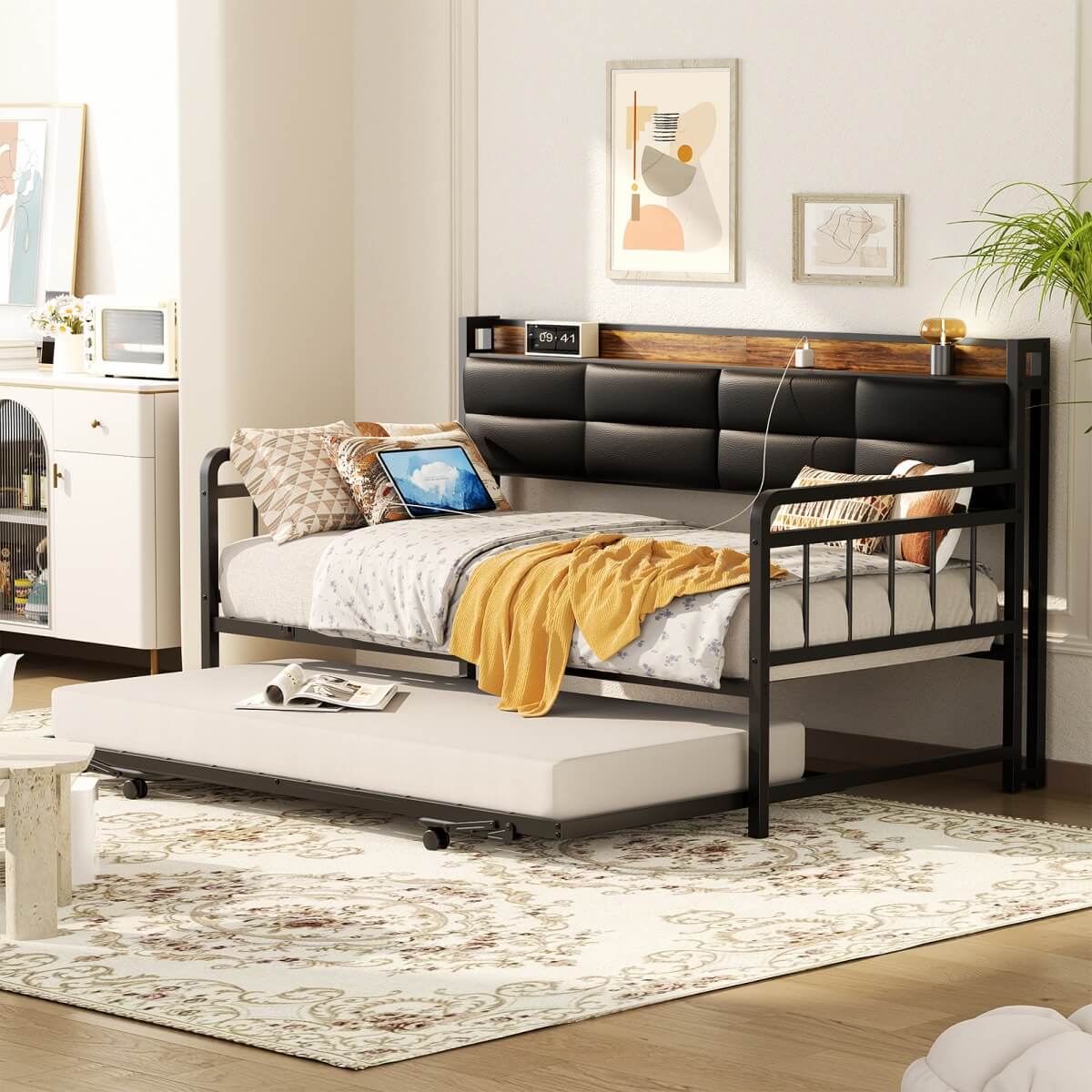 iSunirm Twin Size Daybed with Pop-up Trundle,  Upholstered Headboard & Charging Station, for Living Room/Bedroom/Guest Room