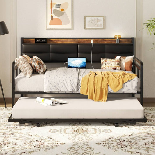 iSunirm Twin Size Daybed with Pop-up Trundle,  Upholstered Headboard & Charging Station, for Living Room/Bedroom/Guest Room