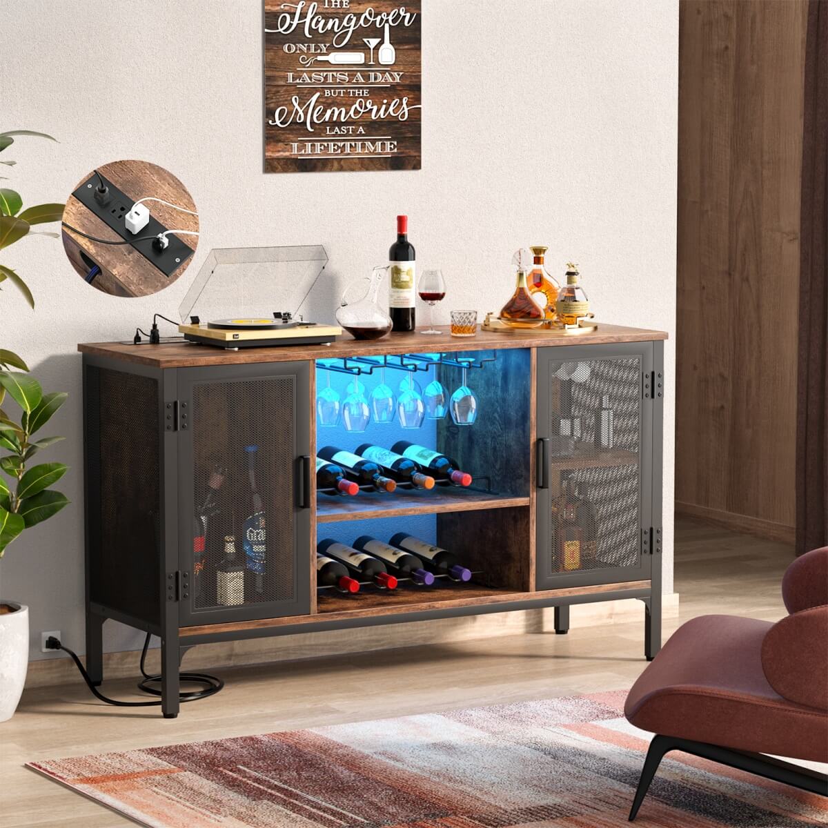 Wine Bar Cabinet with Power Outlets & LED Lights, Adjustable Wine Racks