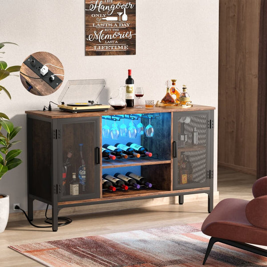 Wine Bar Cabinet with Power Outlets & LED Lights, Adjustable Wine Racks