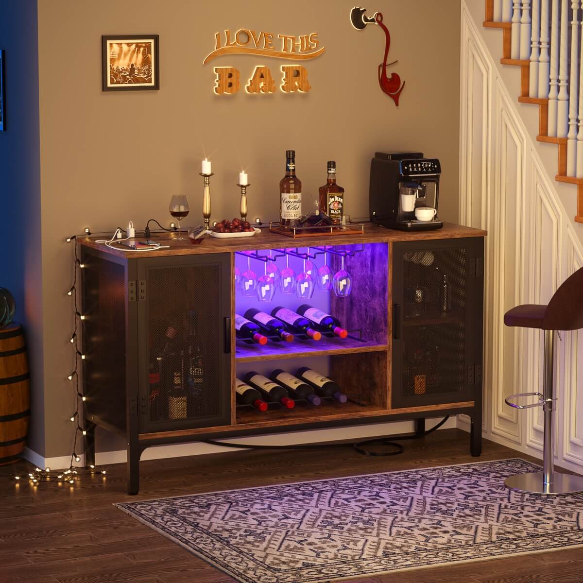 Wine Bar Cabinet with Power Outlets & LED Lights, Adjustable Wine Racks