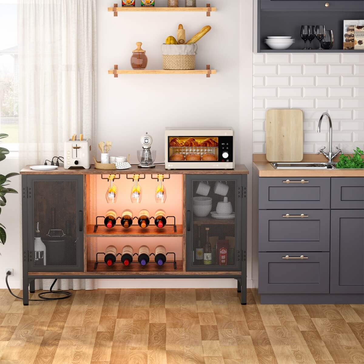 Wine Bar Cabinet with Power Outlets & LED Lights, Adjustable Wine Racks
