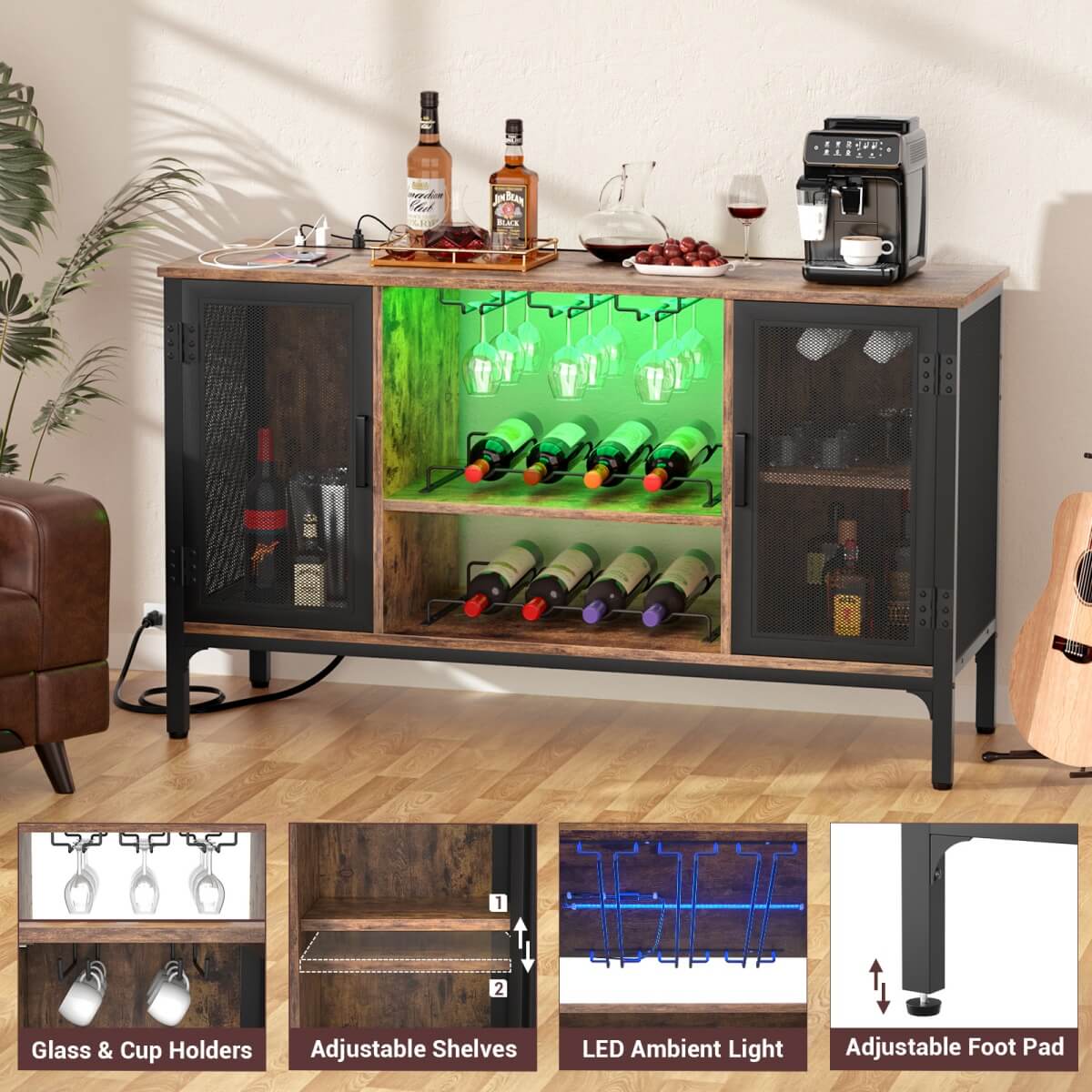 Wine Bar Cabinet with Power Outlets & LED Lights, Adjustable Wine Racks