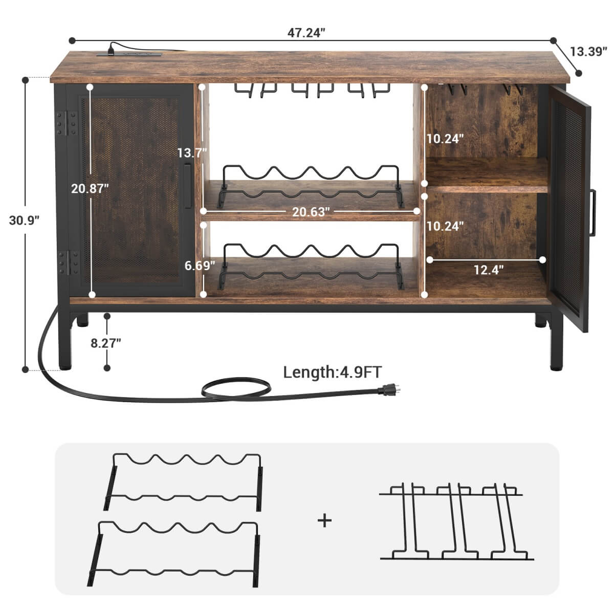 Wine Bar Cabinet with Power Outlets & LED Lights, Adjustable Wine Racks