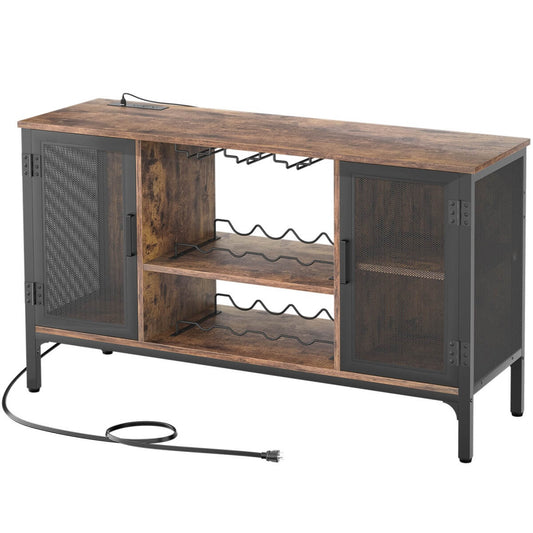 Wine Bar Cabinet with Power Outlets & LED Lights, Adjustable Wine Racks