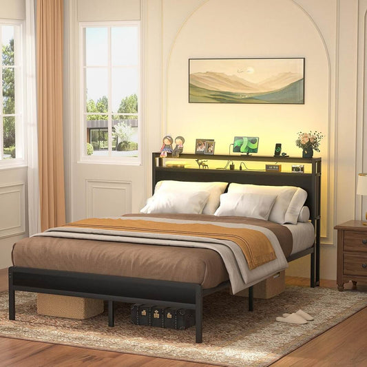 Full Size Heavy Duty Metal Bed Frame with Headboard, Outlets, and LED Lights