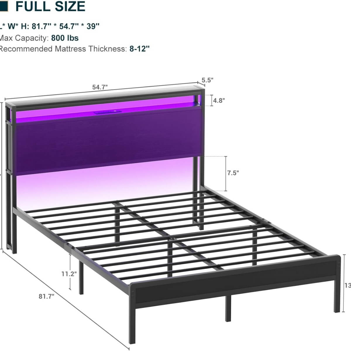 Full Size Heavy Duty Metal Bed Frame with Headboard, Outlets, and LED Lights