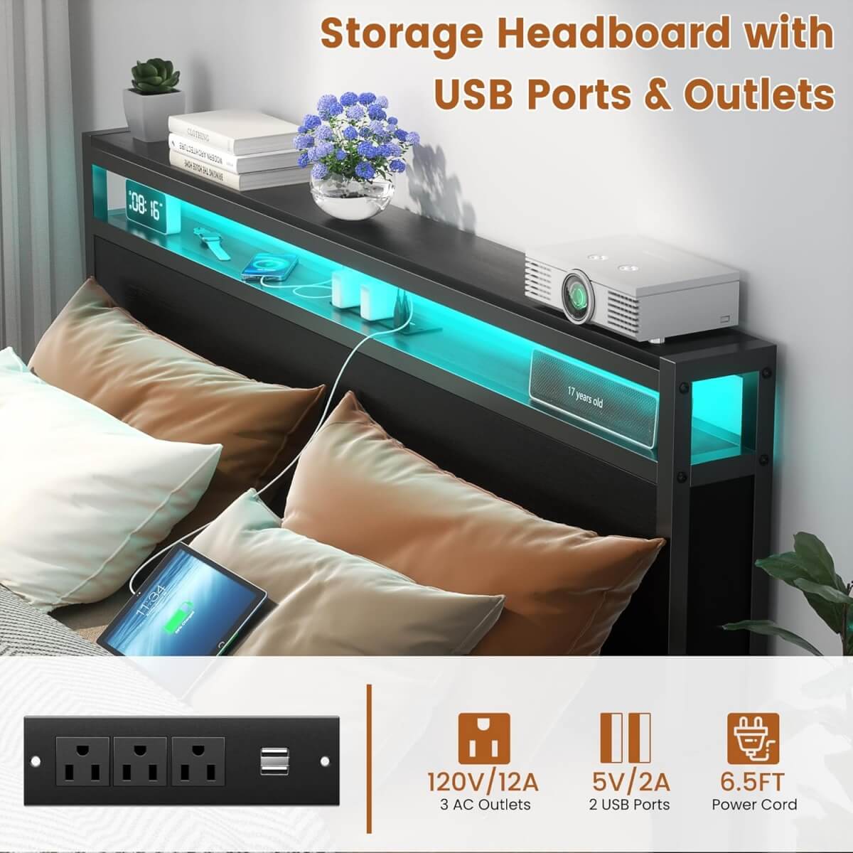Full Size Heavy Duty Metal Bed Frame with Headboard, Outlets, and LED Lights