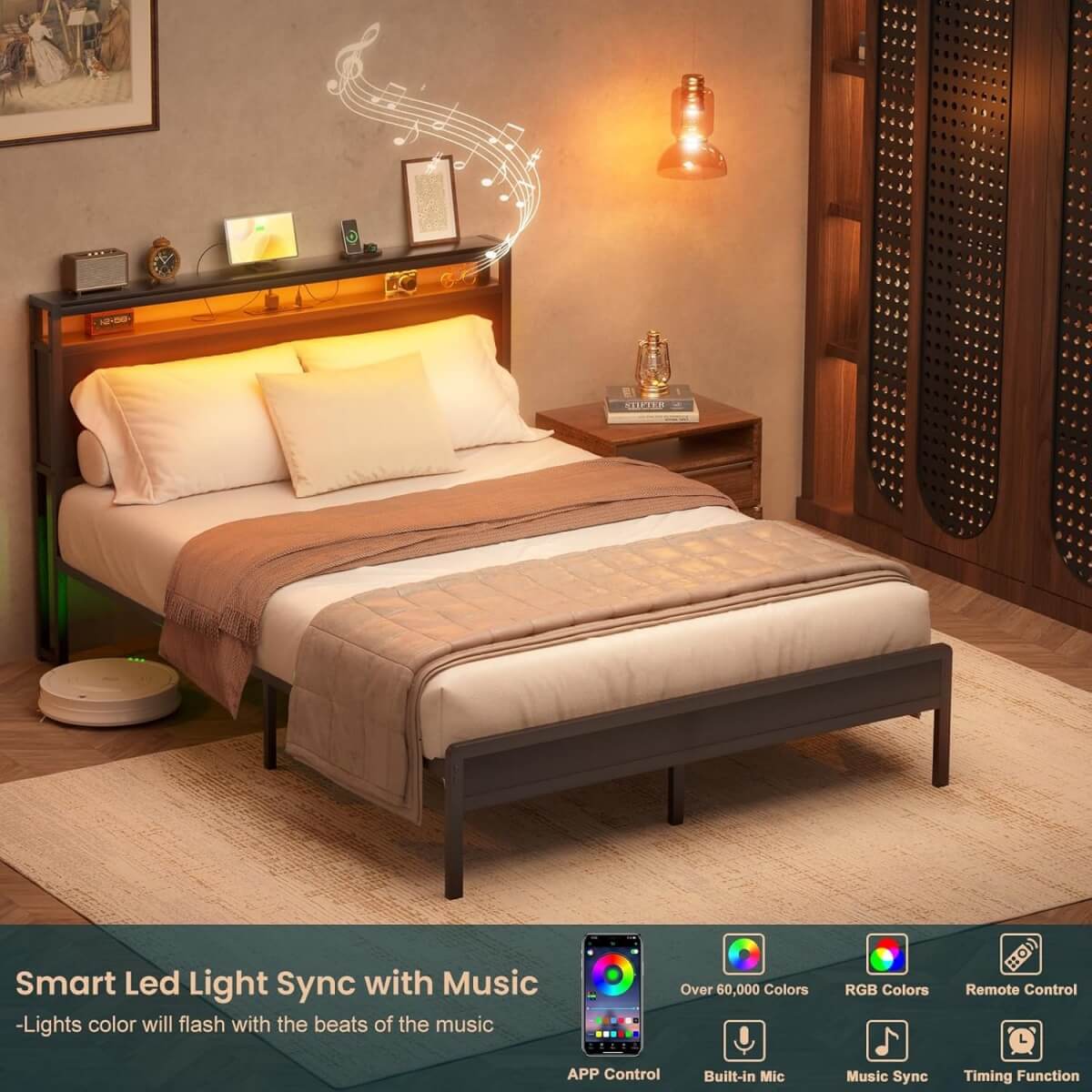 Full Size Heavy Duty Metal Bed Frame with Headboard, Outlets, and LED Lights