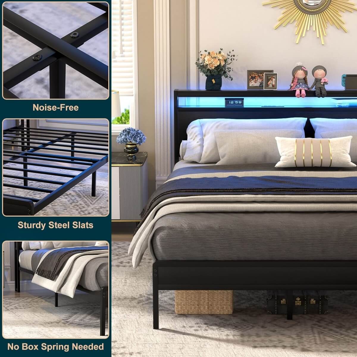 Full Size Heavy Duty Metal Bed Frame with Headboard, Outlets, and LED Lights