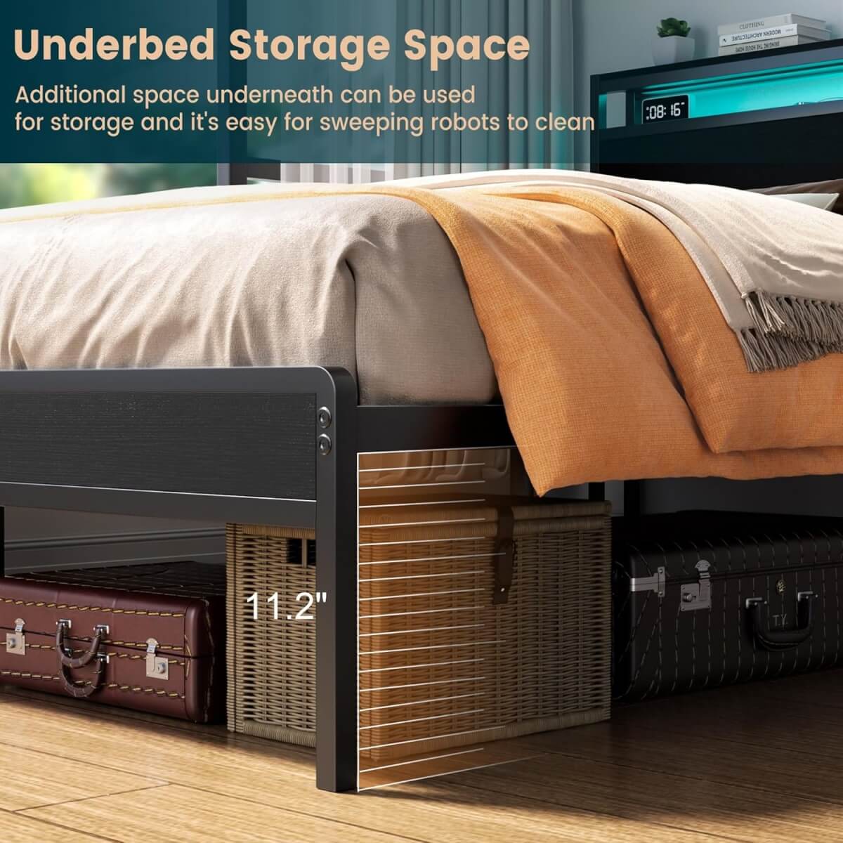 Full Size Heavy Duty Metal Bed Frame with Headboard, Outlets, and LED Lights