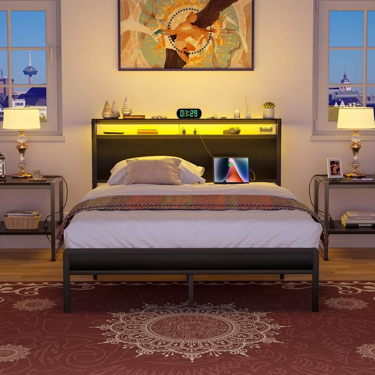 Full Size Heavy Duty Metal Bed Frame with Headboard, Outlets, and LED Lights