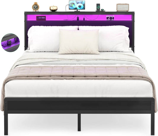 Full Size Heavy Duty Metal Bed Frame with Headboard, Outlets, and LED Lights