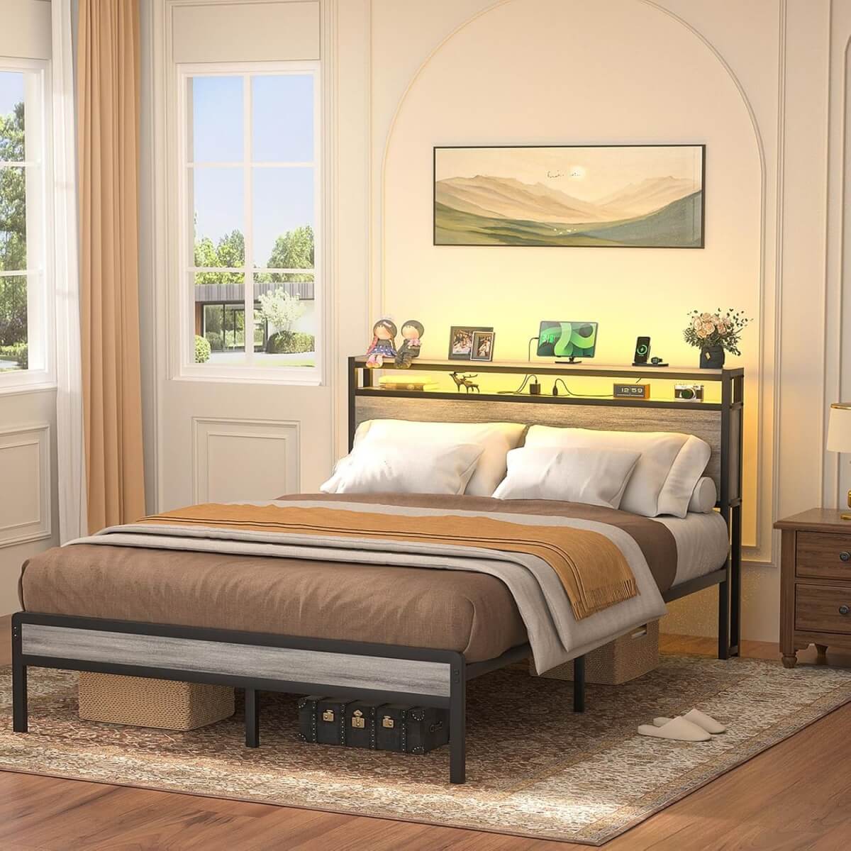 Full Size Heavy Duty Metal Bed Frame with Headboard, Outlets, and LED Lights