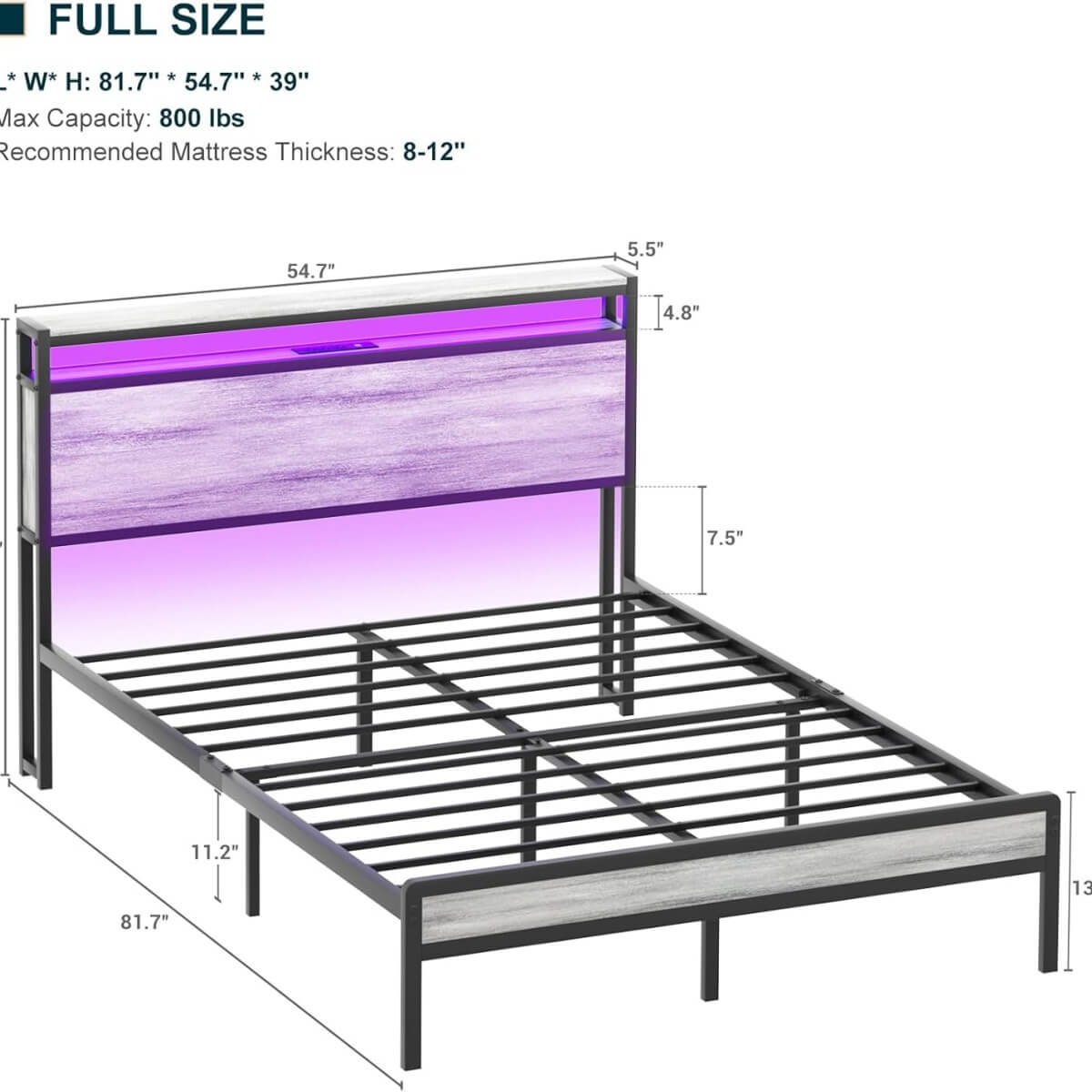 Full Size Heavy Duty Metal Bed Frame with Headboard, Outlets, and LED Lights