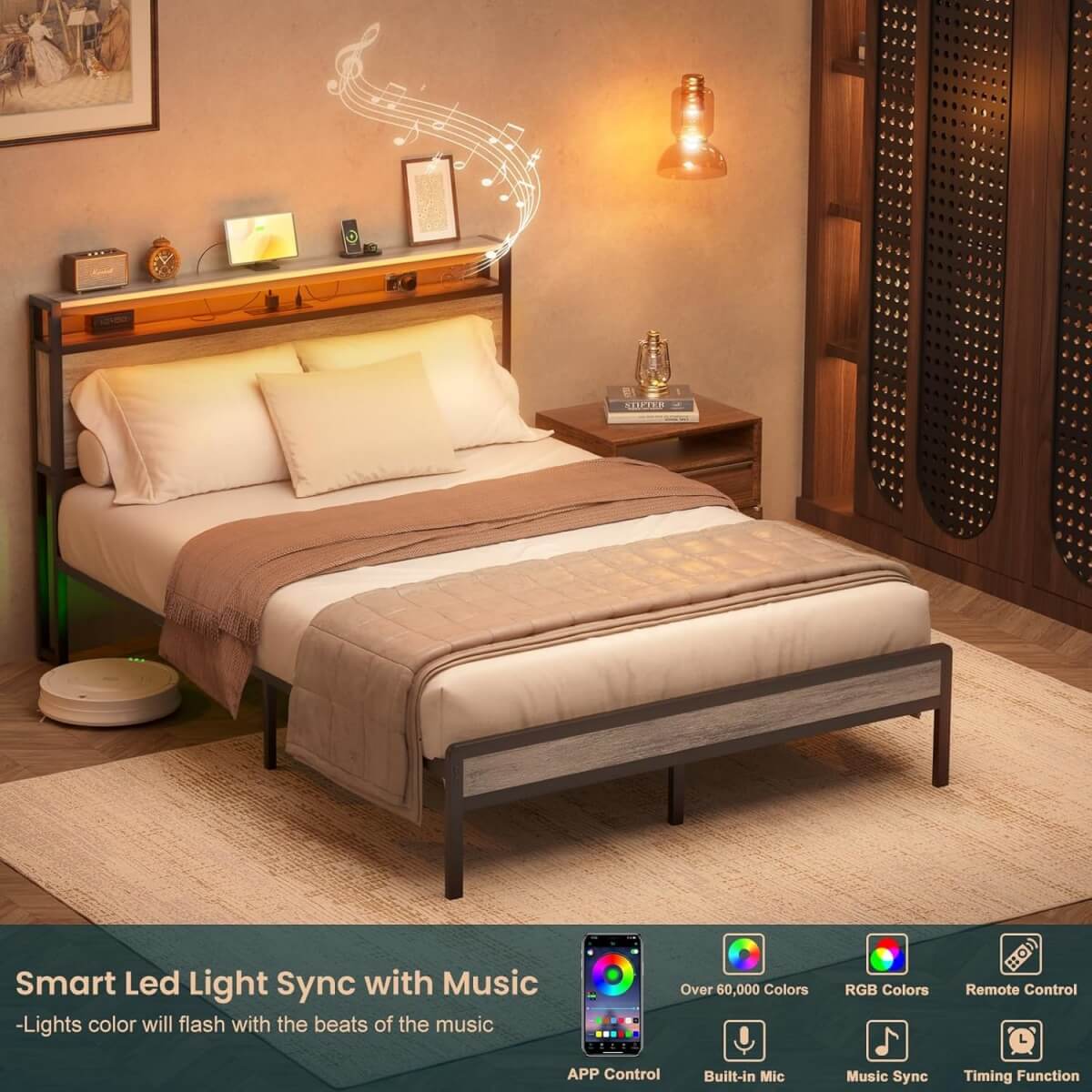 Full Size Heavy Duty Metal Bed Frame with Headboard, Outlets, and LED Lights