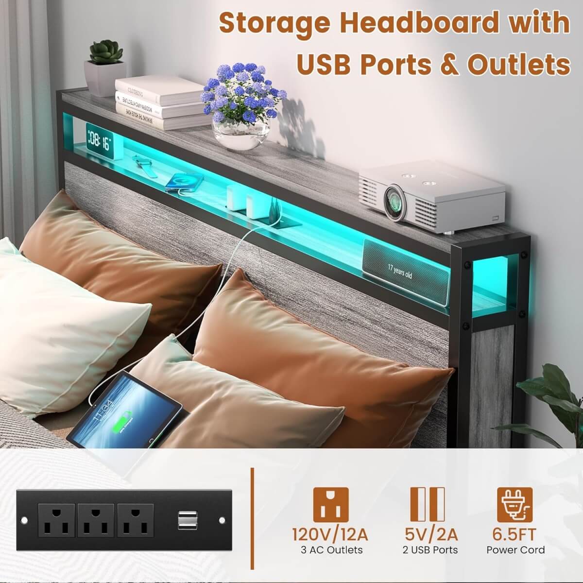 Full Size Heavy Duty Metal Bed Frame with Headboard, Outlets, and LED Lights