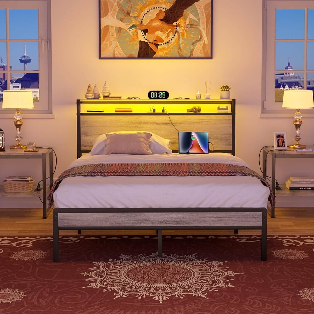 Full Size Heavy Duty Metal Bed Frame with Headboard, Outlets, and LED Lights