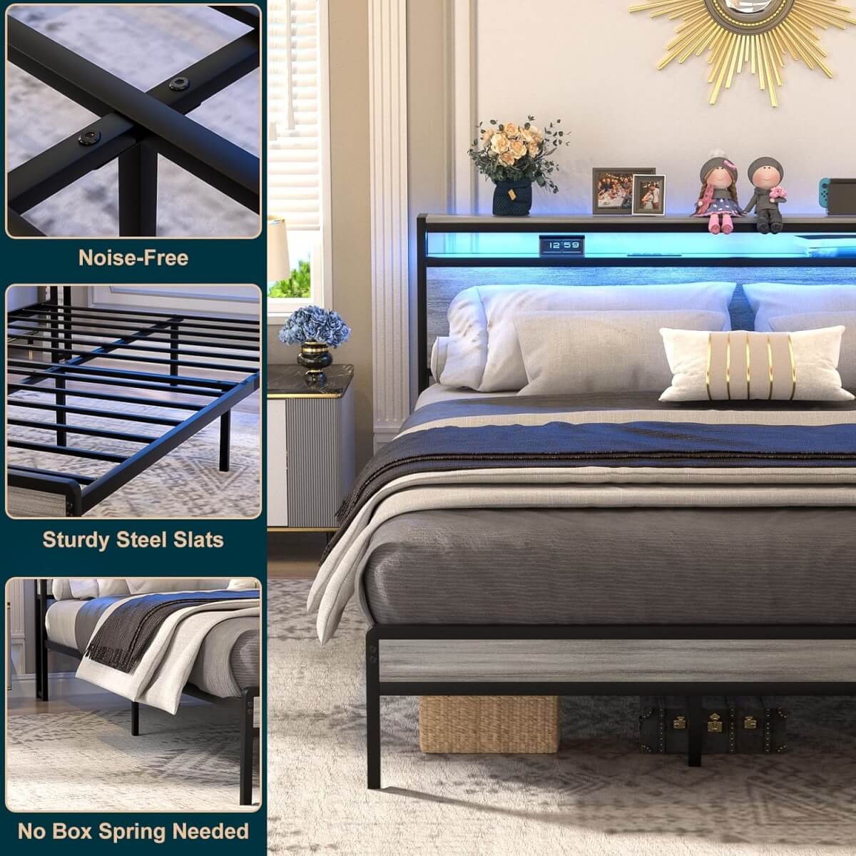 Full Size Heavy Duty Metal Bed Frame with Headboard, Outlets, and LED Lights