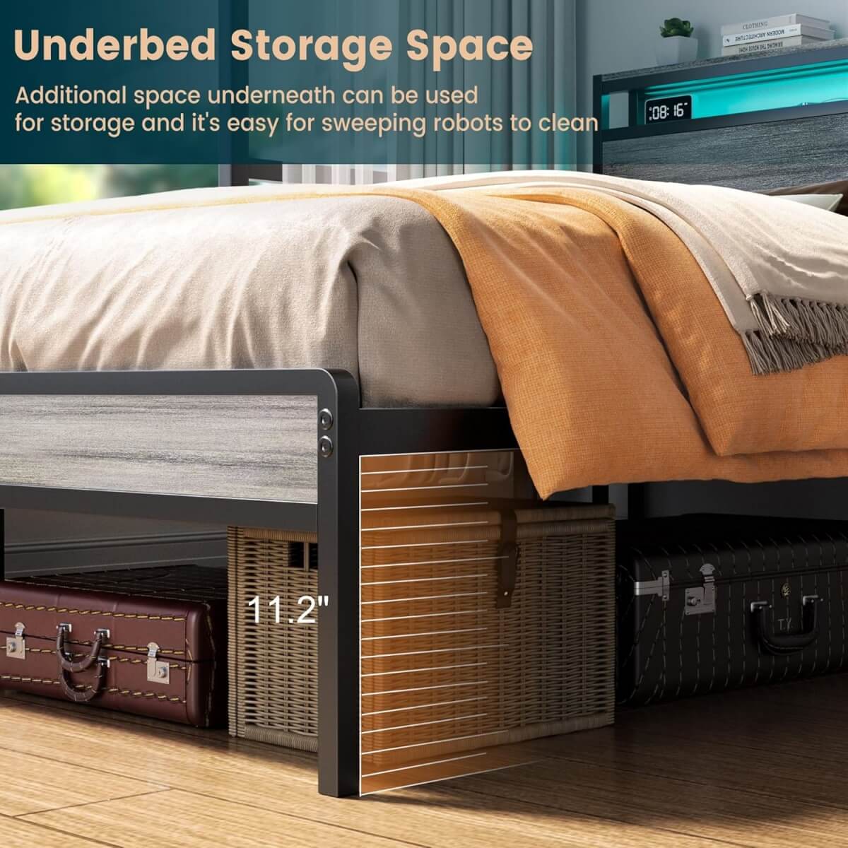 Full Size Heavy Duty Metal Bed Frame with Headboard, Outlets, and LED Lights