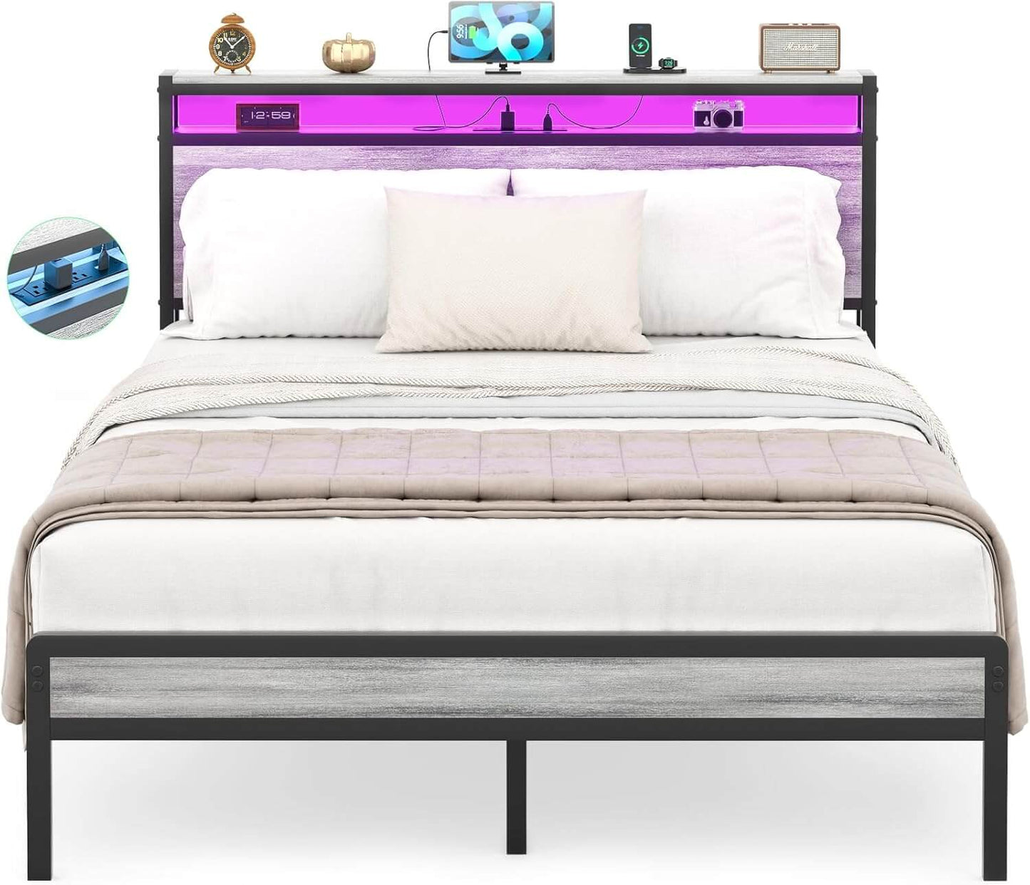 Full Size Heavy Duty Metal Bed Frame with Headboard, Outlets, and LED Lights